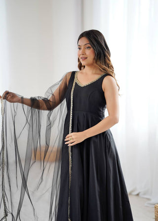 Black Designer Pure Romansilk Chanderi Anarkali Set with Fancy Lace Work & Mirror Lace Dupatta – Fully Stitched with Pants ClothsVilla