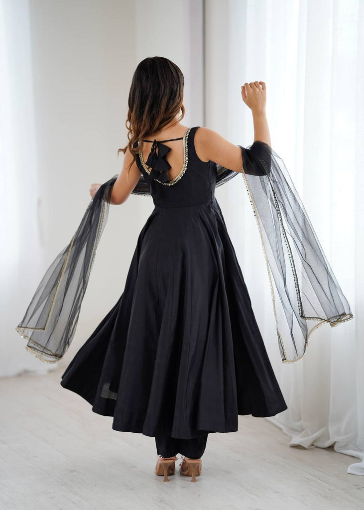 Black Designer Pure Romansilk Chanderi Anarkali Set with Fancy Lace Work & Mirror Lace Dupatta – Fully Stitched with Pants ClothsVilla