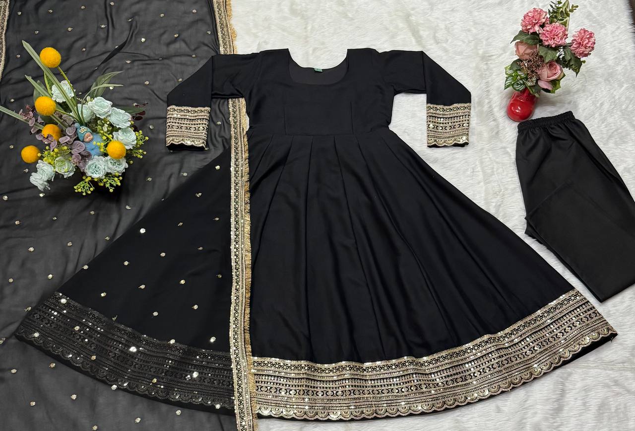 Black Designer Rayon Cotton Anarkali Suit with Heavy Sequins & Zari Embroidery, Pants & Dupatta ClothsVilla