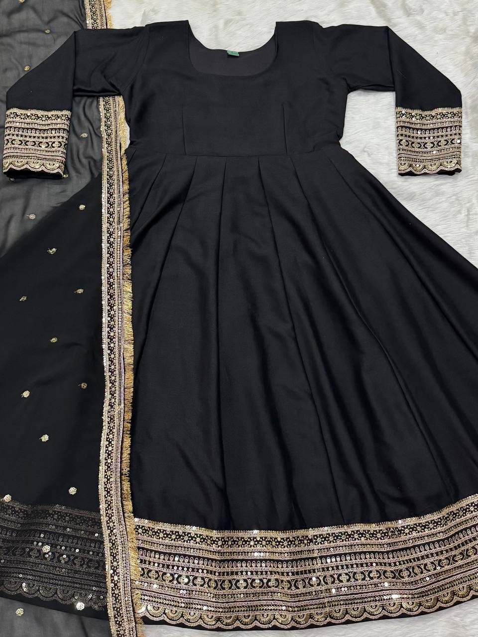 Black Designer Rayon Cotton Anarkali Suit with Heavy Sequins & Zari Embroidery, Pants & Dupatta ClothsVilla