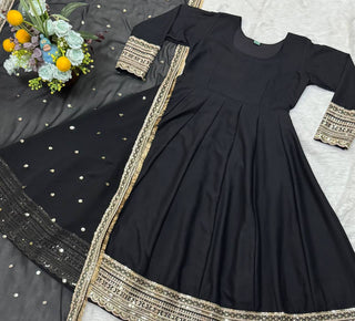 Black Designer Rayon Cotton Anarkali Suit with Heavy Sequins & Zari Embroidery, Pants & Dupatta ClothsVilla