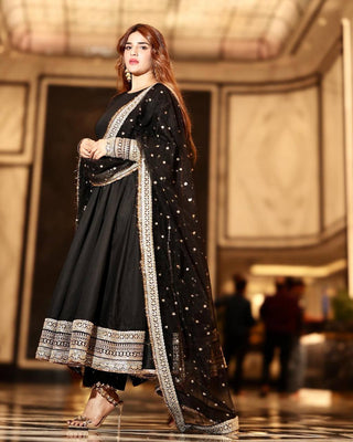 Black Designer Rayon Cotton Anarkali Suit with Heavy Sequins & Zari Embroidery, Pants & Dupatta ClothsVilla
