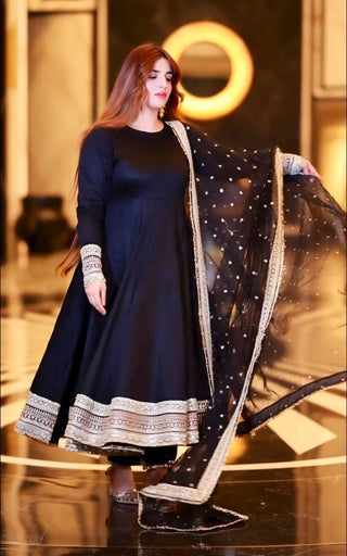 Black Designer Rayon Cotton Anarkali Suit with Heavy Sequins & Zari Embroidery, Pants & Dupatta ClothsVilla