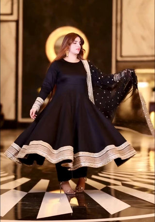 Black Designer Rayon Cotton Anarkali Suit with Heavy Sequins & Zari Embroidery, Pants & Dupatta ClothsVilla