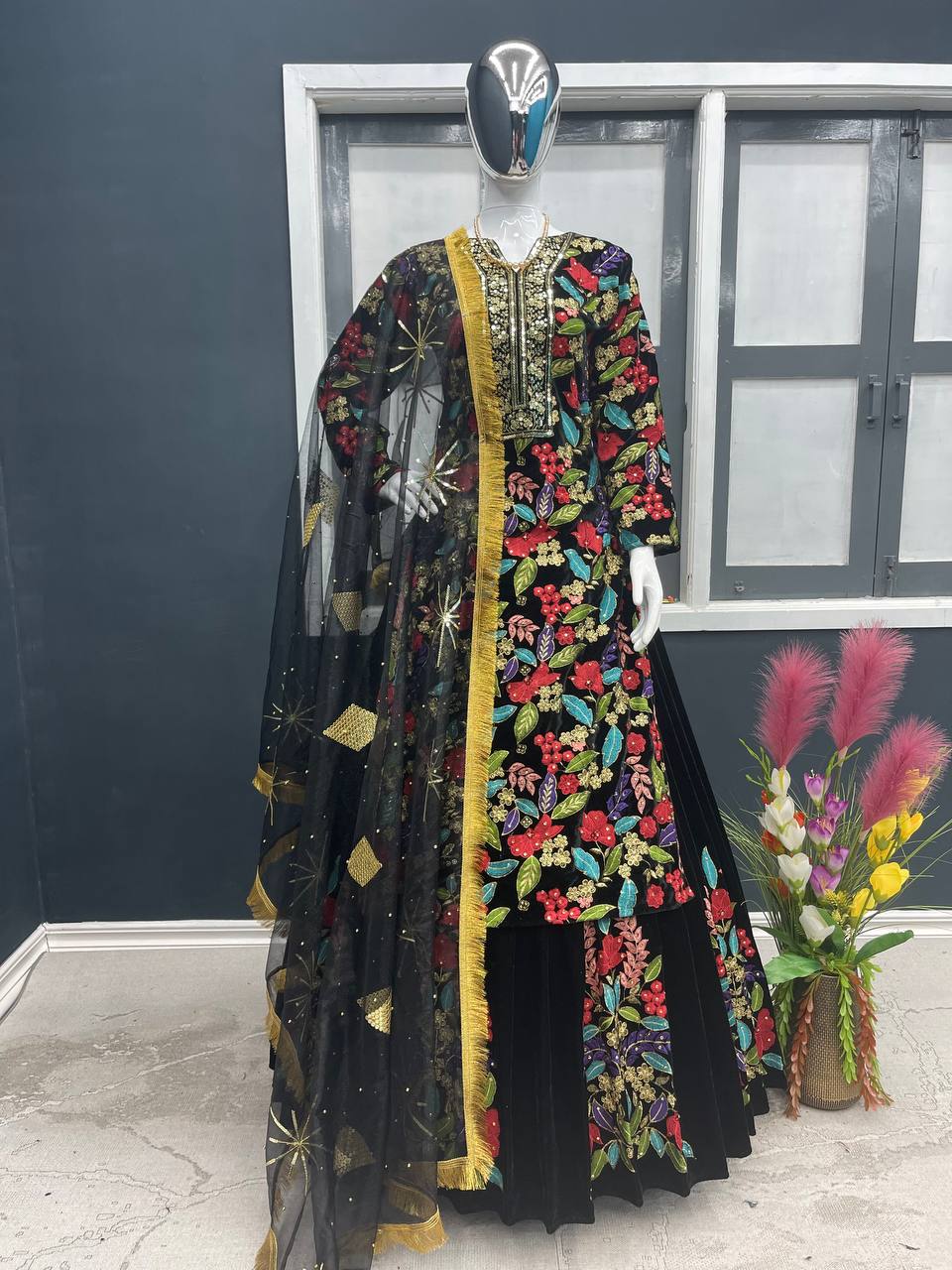 Black Designer Velvet Top-Lehenga & Dupatta Set with Hand Embroidery for Wedding Wear Secondary image