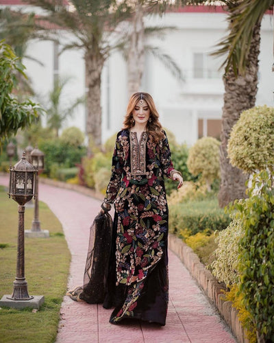 Black Designer Velvet Top-Lehenga & Dupatta Set with Hand Embroidery for Wedding Wear Clothsvilla