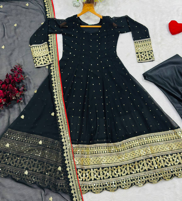 Black Designer Zari Sequins Gown Set ClothsVilla