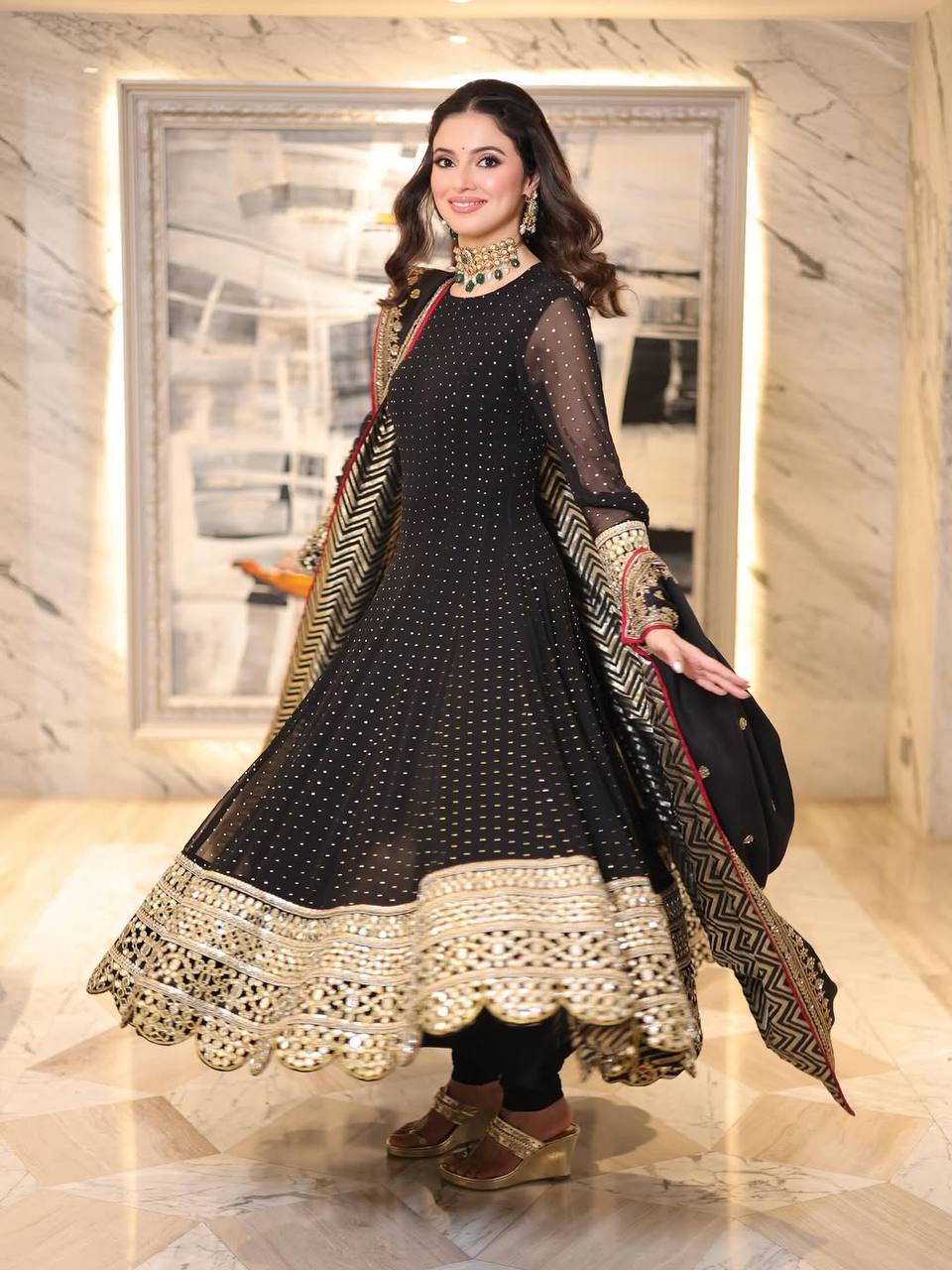 Black Designer Zari Sequins Gown Set ClothsVilla