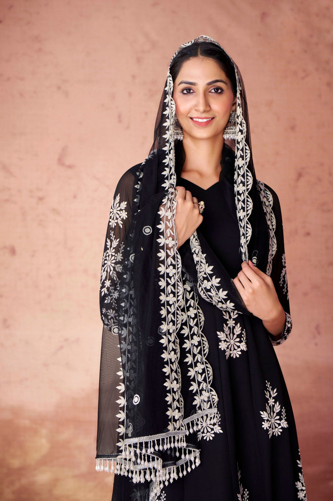 Black Digital Printed Georgette Anarkali Set with Embroidered Net Dupatta ClothsVilla