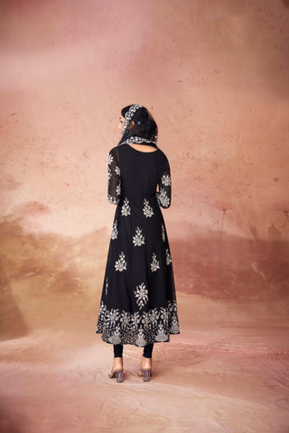 Black Digital Printed Georgette Anarkali Set with Embroidered Net Dupatta ClothsVilla
