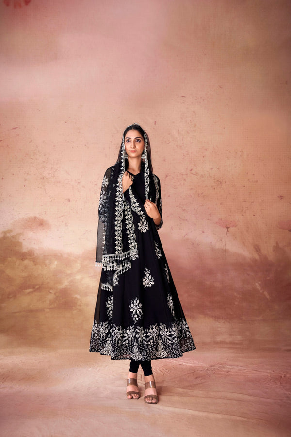 Black Digital Printed Georgette Anarkali Set with Embroidered Net Dupatta ClothsVilla
