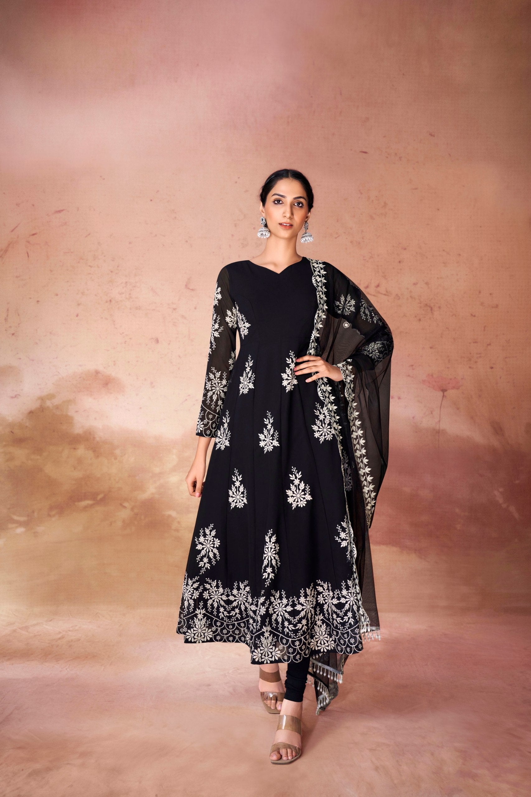Black Digital Printed Georgette Anarkali Set with Embroidered Net Dupatta ClothsVilla Main image