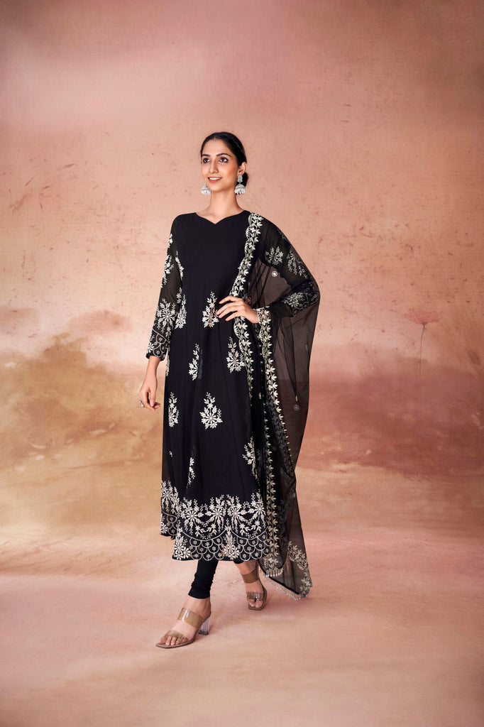 Black Digital Printed Georgette Anarkali Set with Embroidered Net Dupatta ClothsVilla
