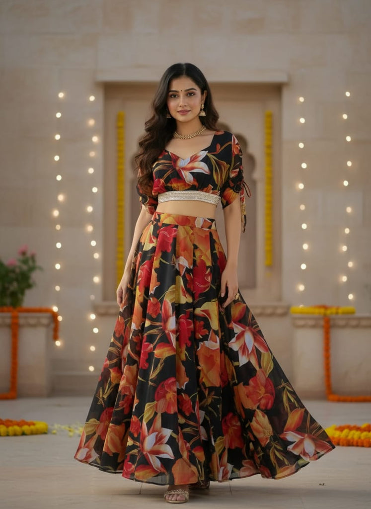 Black Digital Printed Georgette Lehenga Choli Set ClothsVilla