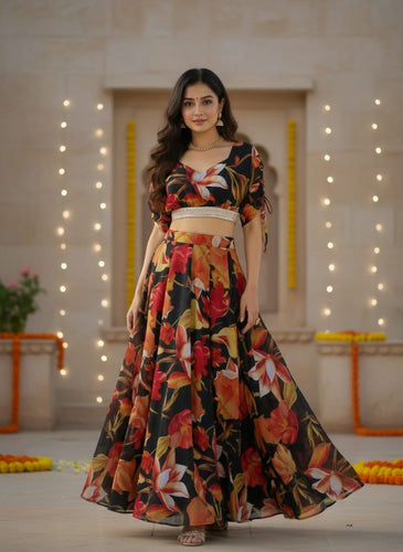 Black Digital Printed Georgette Lehenga Choli Set ClothsVilla