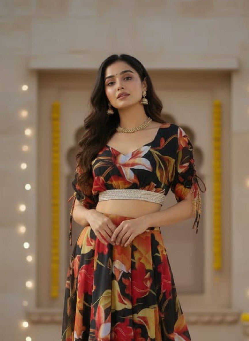 Black Digital Printed Georgette Lehenga Choli Set ClothsVilla