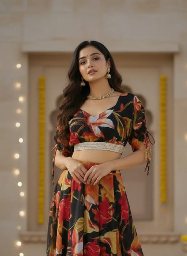 Black Digital Printed Georgette Lehenga Choli Set ClothsVilla