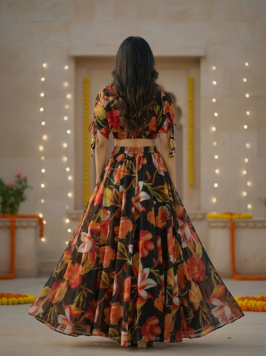 Black Digital Printed Georgette Lehenga Choli Set ClothsVilla