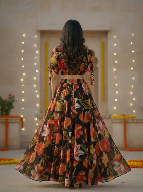 Black Digital Printed Georgette Lehenga Choli Set ClothsVilla