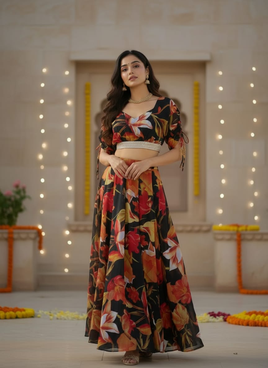 Black Digital Printed Georgette Lehenga Choli Set Secondary image