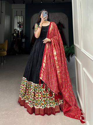Black Dola Silk Gown with Patola Print Dupatta – Modern Elegance with Foilwork Flair