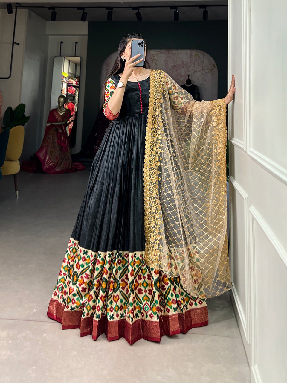 Black Dola Silk Gown with Patola Print Dupatta – Modern Elegance with Foilwork Flair