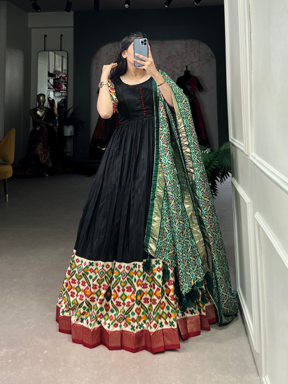 Black Dola Silk Gown with Patola Print Dupatta – Modern Elegance with Foilwork Flair
