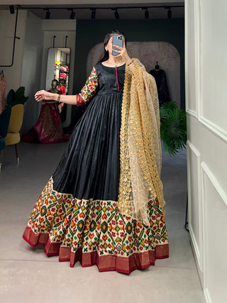 Black Dola Silk Gown with Patola Print Dupatta – Modern Elegance with Foilwork Flair