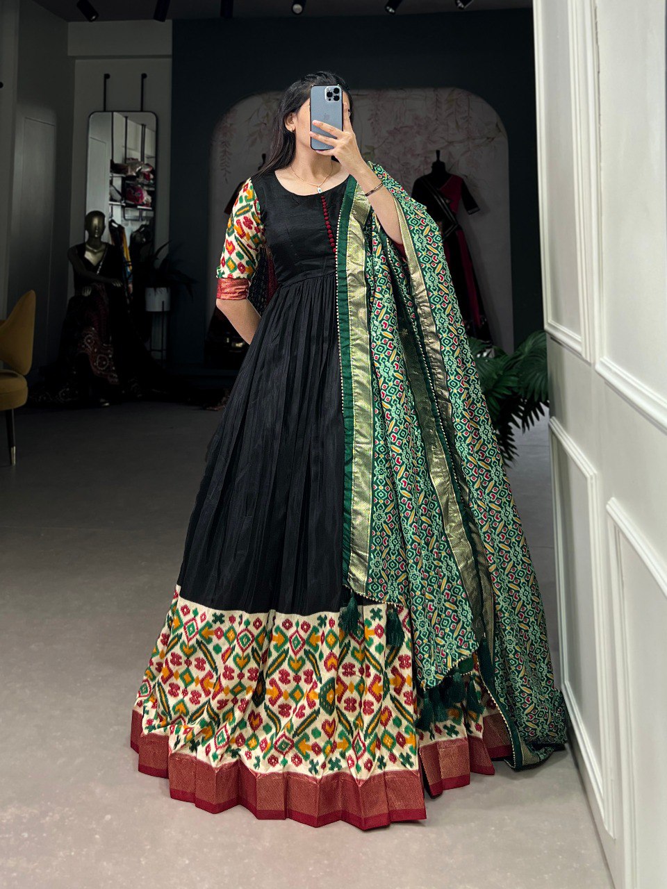 Black Dola Silk Gown with Patola Print Dupatta – Modern Elegance with Foilwork Flair