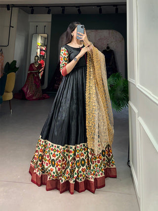 Black Dola Silk Gown with Patola Print Dupatta – Modern Elegance with Foilwork Flair