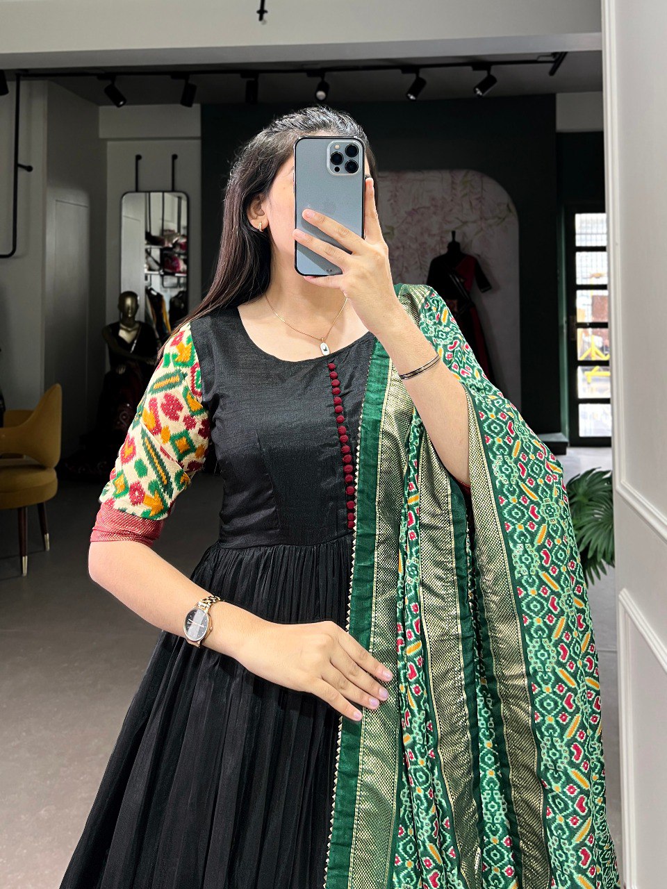 Black Dola Silk Gown with Patola Print Dupatta – Modern Elegance with Foilwork Flair