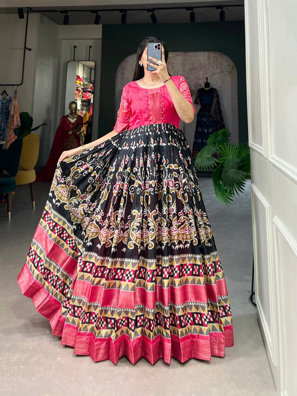 Black Dola Silk Printed Gown with Zari Border ClothsVilla