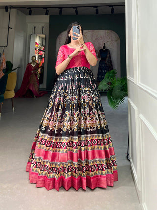 Black Dola Silk Printed Gown with Zari Border ClothsVilla