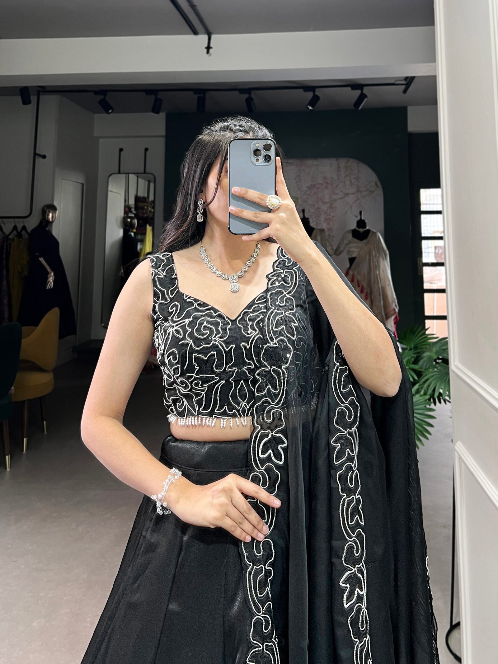 Black Elegance in Every Shade – The Black Beauty Star Satin Lehenga Set Clothsvilla