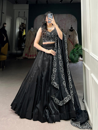 Black Elegance in Every Shade – The Black Beauty Star Satin Lehenga Set Clothsvilla