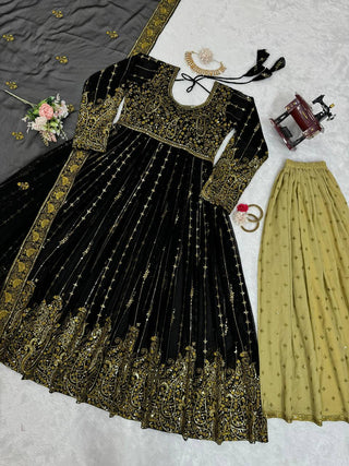 Black Elegant Anarkali Plazo Set with Dupatta – Faux Georgette & Sequins Work ClothsVilla