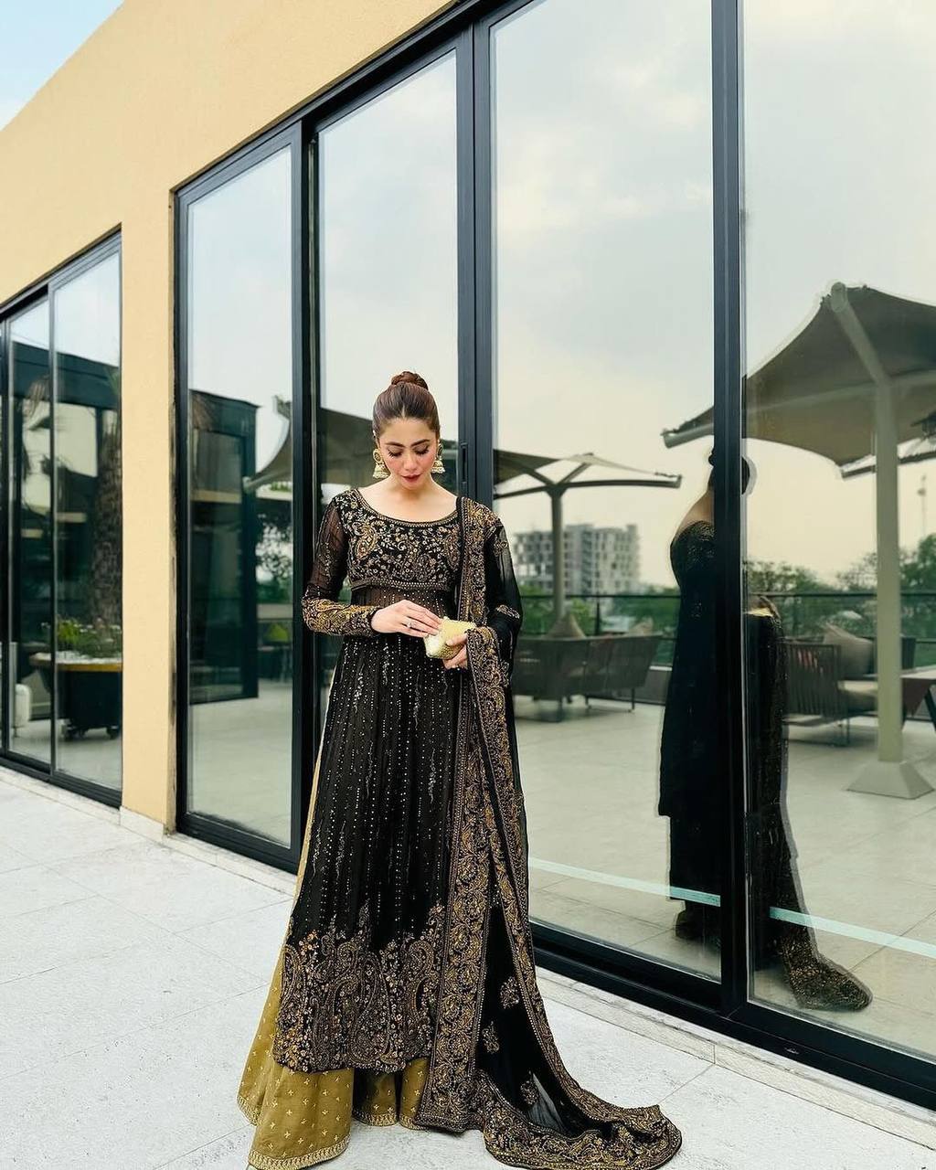 Black Elegant Anarkali Plazo Set with Dupatta – Faux Georgette & Sequins Work ClothsVilla
