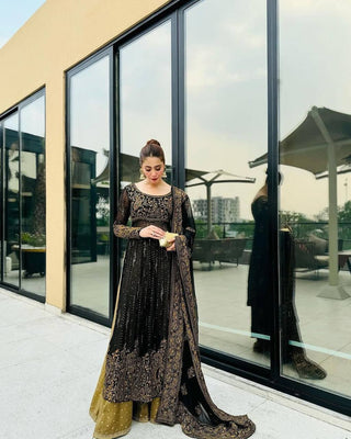 Black Elegant Anarkali Plazo Set with Dupatta – Faux Georgette & Sequins Work ClothsVilla