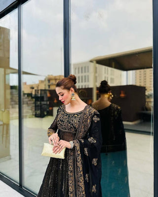 Black Elegant Anarkali Plazo Set with Dupatta – Faux Georgette & Sequins Work ClothsVilla