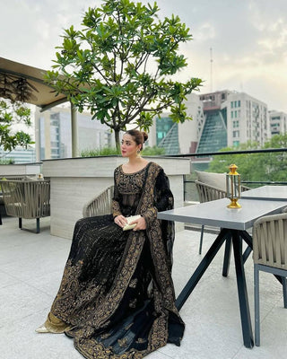 Black Elegant Anarkali Plazo Set with Dupatta – Faux Georgette & Sequins Work ClothsVilla