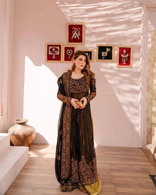 Black Elegant Anarkali Plazo Set with Dupatta – Faux Georgette & Sequins Work ClothsVilla