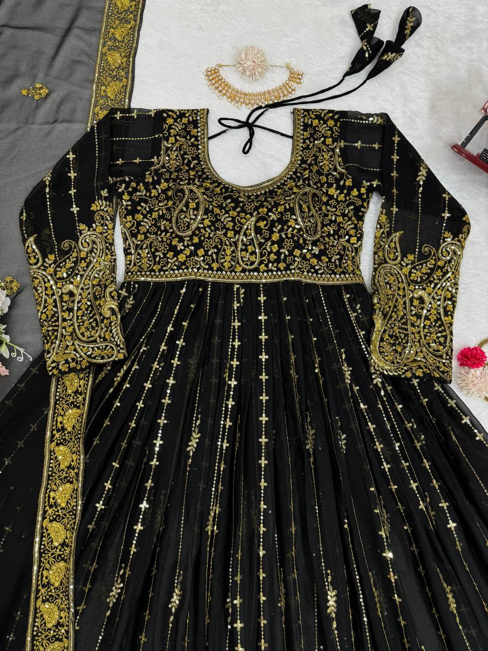 Black Elegant Anarkali Plazo Set with Dupatta – Faux Georgette & Sequins Work ClothsVilla