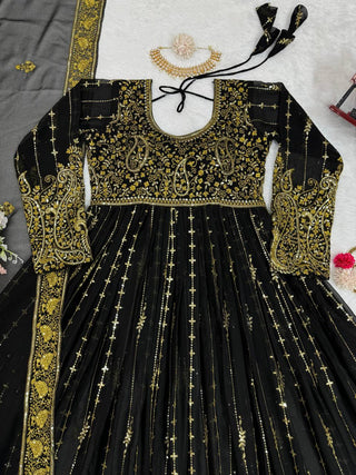 Black Elegant Anarkali Plazo Set with Dupatta – Faux Georgette & Sequins Work ClothsVilla