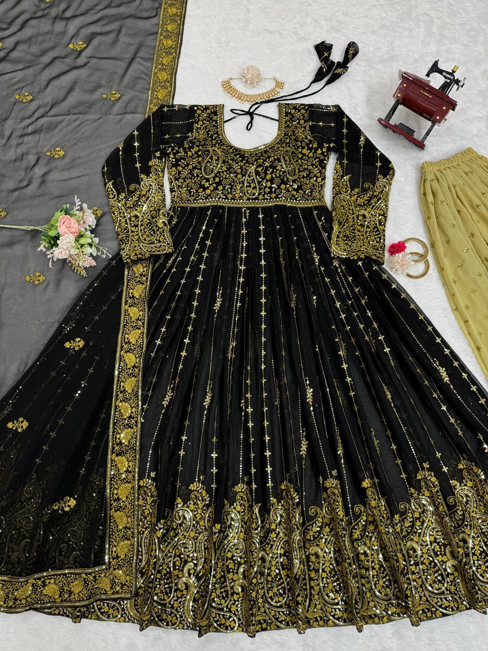 Black Elegant Anarkali Plazo Set with Dupatta – Faux Georgette & Sequins Work ClothsVilla