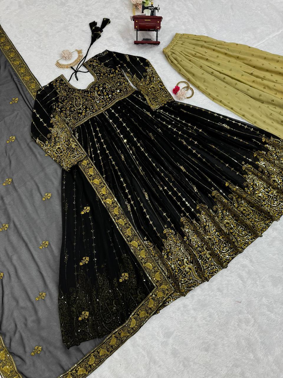 Black Elegant Anarkali Plazo Set with Dupatta – Faux Georgette & Sequins Work ClothsVilla