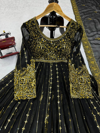 Black Elegant Anarkali Plazo Set with Dupatta – Faux Georgette & Sequins Work ClothsVilla