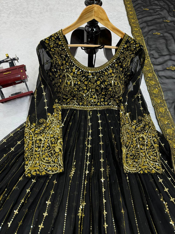 Black Elegant Anarkali Plazo Set with Dupatta – Faux Georgette & Sequins Work ClothsVilla