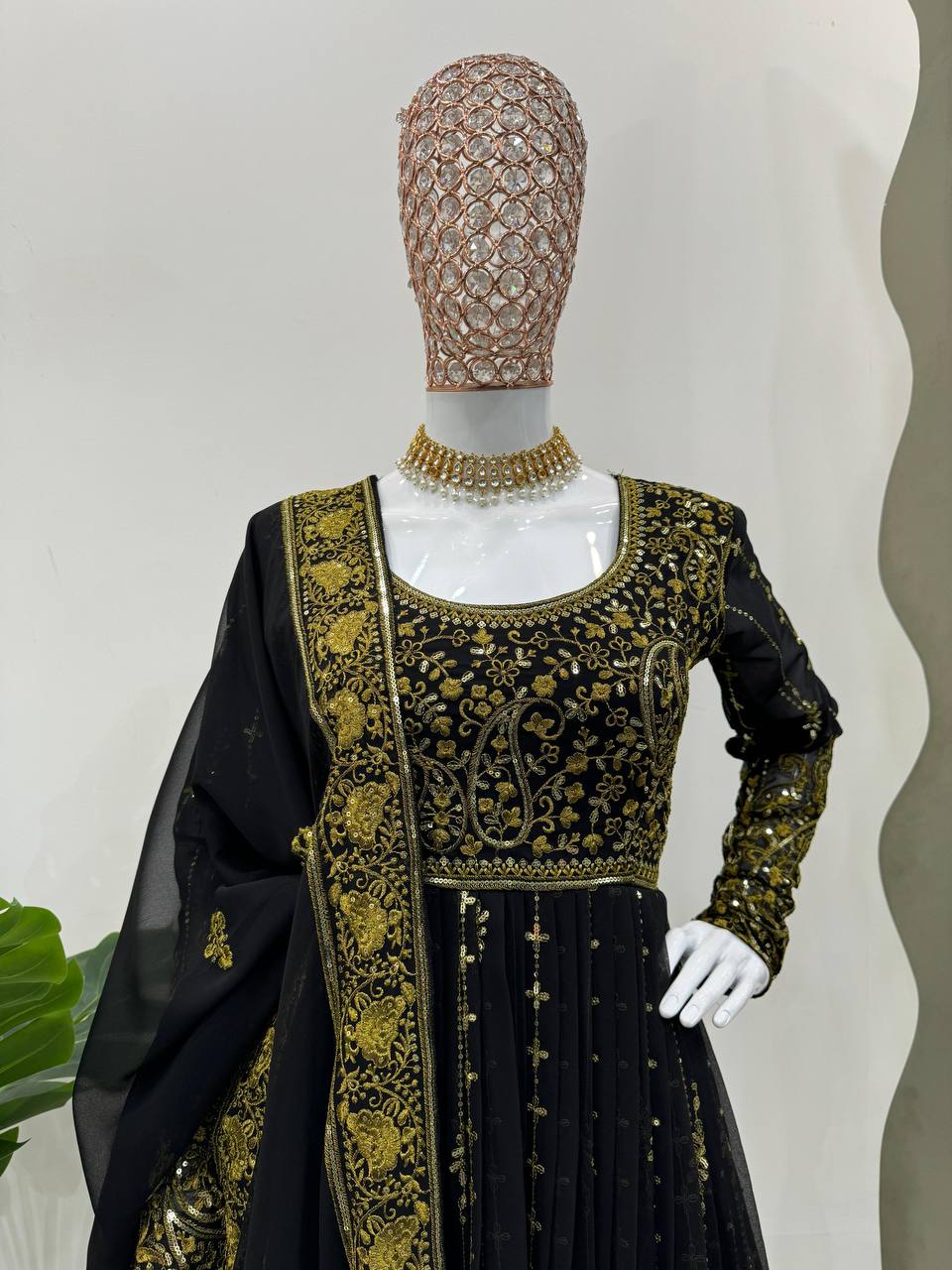 Black Elegant Anarkali Plazo Set with Dupatta – Faux Georgette & Sequins Work ClothsVilla