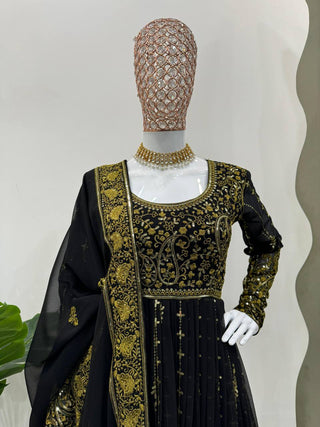 Black Elegant Anarkali Plazo Set with Dupatta – Faux Georgette & Sequins Work ClothsVilla