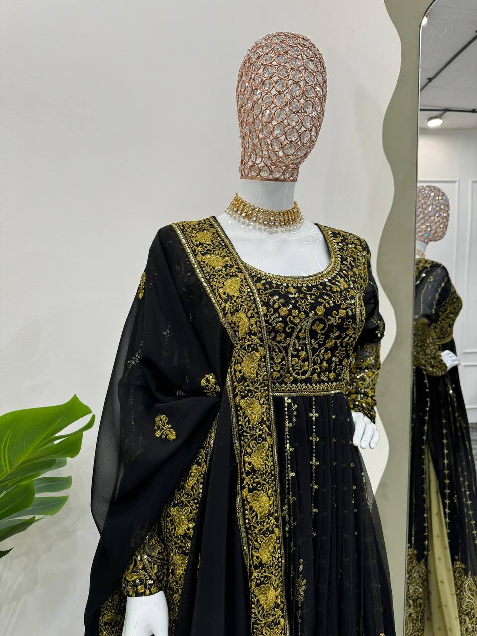 Black Elegant Anarkali Plazo Set with Dupatta – Faux Georgette & Sequins Work ClothsVilla